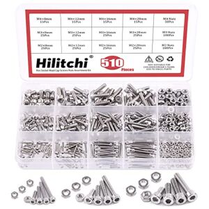 Hilitchi 510-Piece M2 M3 M4 Stainless Steel Hex Socket Head Cap Screws Nuts Assortment Kit with Box – 304 Stainless Steel