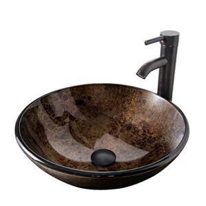 Bathroom Vessel Sink with Faucet Mounting Ring and Pop Up Drain 16.5″ Round Bowl Basin,Brown