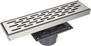 EMBATHER 12 Inches Linear Shower Drain with Removable Quadrato Pattern Grate, CUPC Certified, 304 Stainless Shower Drain and Shower Drain Base Included Hair Strainer and Leveling Feet, Brushed Nickel