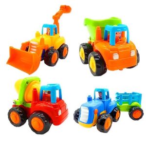 Friction Powered Cars, Push and Go Toy Trucks Construction Vehicles Toys Set for 1 2 3 Year Old Baby Toddlers Beach Dump Truck, Cement Mixer, Bulldozer, Tractor, Early Educational Gifts, A Set of 4