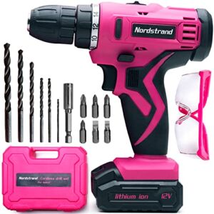 Pink Cordless Drill Set – Electric Screwdriver Cordless Power Driver Kit for Women – 12V Rechargeable Li-Ion Battery – Starter Tool Box for Ladies with Storage Case, Bits, Drills & Safety Glasses