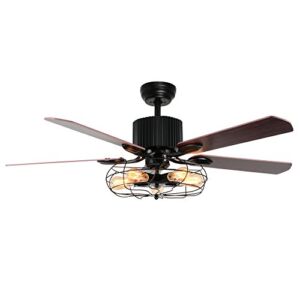 LuxureFan Vintage Industrial Ceiling Fan Light for Restaurant/Living Room with Create Iron Cage Cover Pull Chain/ Remote and 5 Reversible Wood Leaves (48Inch)