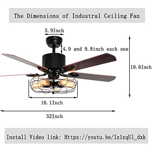 LuxureFan Retro Industrial Ceiling Fan Light for Restaurant/Living Room with Create Iron Cage Cover Pull Chain/ Remote and 5 Reversible Wood Leaves (52Inch) | The Storepaperoomates Retail Market - Fast Affordable Shopping