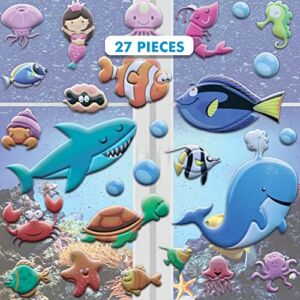 Under The Sea Ocean Window Clings for Kids & Toddlers (by Jesplay USA – Reusable Window Stickers Gels & Decals) Puffy Sticker Activites for Car Plane Home – Underwater Animals Fish Mermaid Shark