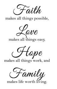 Newclew Faith Makes All Things Possible, Love Makes All Things Easy, Hope Make All Things Work, and Family Makes Life Worth Living Wall Décor Decal Prayer Church Jesus (13Wx21L, Black)