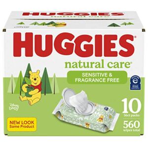 Sensitive Baby Wipes, Huggies Natural Care Baby Diaper Wipes, Unscented, Hypoallergenic, 99% Purified Water, 10 Flip-Top Packs (560 Wipes Total)