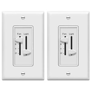 ENERLITES 3 Speed Ceiling Fan Control and Dimmer Light Switch, 2.5A Single Pole Light Fan Switch, 300W Incandescent Load, No Neutral Wire Required, 17001-F3-W, White, 2 Pack