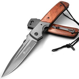 NedFoss Huge Pocket Knife for Men, 11” Hunting Folding Knife with Wood Handle, 5” Large Blade with Titanium Plated, Fishing Hiking Survival Knife, with Safety Liner Lock and Belt Clip (DA52)