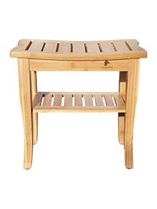 Bamboo Shower Bench, Spa Bath Seat Stool with 2-Tier Storage Shelf Wooden Shower Spa Chair Seat for Indoor Outdoor