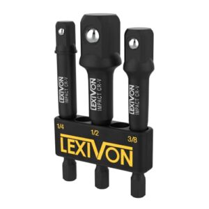 LEXIVON Impact Grade Socket Adapter Set, 3″ Extension Bit With Holder | 3-Piece 1/4″, 3/8″, and 1/2″ Drive, Adapt Your Power Drill To High Torque Impact Wrench (LX-101)