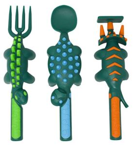 Constructive Eating Made in USA Dinosaur Set of 3 Utensils for Toddlers, Infants, Babies and Kids – Made With Materials Tested for Safety, Green