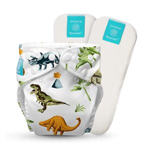 Charlie Banana Baby Washable and Reusable Cloth Diapers, 1 Soft Pocket Diapers and 2 Absorbent Inserts, One-Size, Dinosaurs