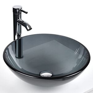 Bathroom Round Glass Vessel Sink Basin with Faucet Pop-Up Drain (Bluish Grey Crystal)
