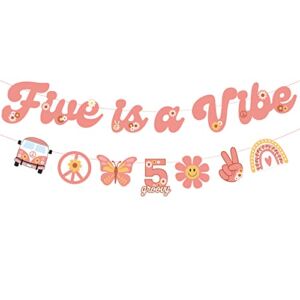 Five is A Vibe banner Groovy 5th Birthday Decorations Hippie Banner Boho Decor Retro Flower Daisy 60’s 70’s Theme for Kids Girl Boy Bday Party Supplies