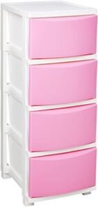 IRIS USA 4 Slim Drawer Storage, Organizer Unit for Bedroom, Closet, Kitchen, Bathroom, Laundry Room, Dorm, White Frame with Matte Soft-Pink Front Panels, Set of 1