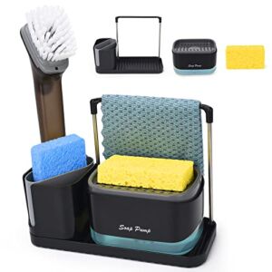 Kitchen Soap Dispenser Set with Tray and Sponge Holder, Sink Caddy Organizer with Dishcloth Holder and Dish Brush Holder, for Kitchen Countertop Storage Organize – Practical Kitchen Gadgets