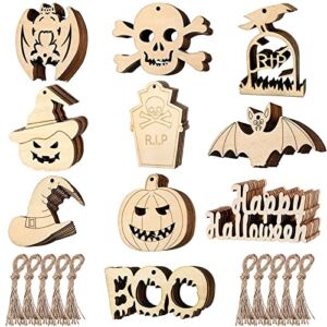 LRIGYEH Halloween Kids Crafts Halloween Wooden Slices Unfinished Wooden Pumpkin Craft Halloween Wood Cutouts Wood Tags with Twine Ropes for Kids Halloween Crafts DIY (10 Shapes 60 PCS)