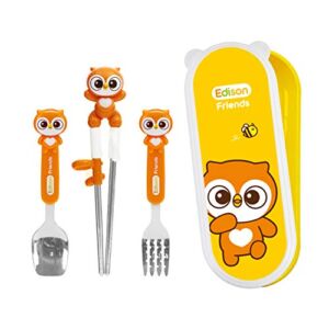 Edison Friends Owl Stainless Steel Chopsticks, Spoon, Fork and Case 4 Set – Right Handed, Yellow, Owl, Set of 4 pcs (Olly), Made in Korea