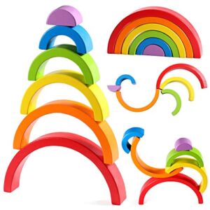Lewo Wooden Rainbow Stacker Nesting Puzzle Blocks Educational Toys for Kids Baby Toddlers