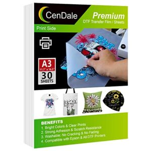 CenDale DTF Transfer Film – A3 (11.7″ x 16.5″) 30 Sheets Double-Sided Matte Clear PreTreat Sheets- PET Heat Transfer Paper for DYI Direct Print on T-Shirts Textile
