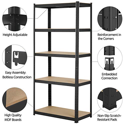 5-Tier Adjustable Storage Shelving Unit Heavy Duty Organizing Shelf Metal Utility Rack Boltless Shelves for Kitchen, Pantry, Closet, Garage, Office, 29″ W x 12″ D x 66″ H, Black | The Storepaperoomates Retail Market - Fast Affordable Shopping