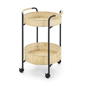 2-teir Rattan Basket Shelves Work As Storage Space Or Dining Carï¼Œblack Stoving Steel Frame and Natual Iron