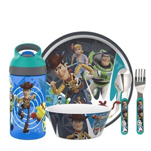 Zak Designs Kids Dinnerware 5 Piece Set – Toy Story 4, Plate, Bowl, Water Bottle, and Utensil Tableware, Non-BPA Made of Durable Material and Perfect for Kids