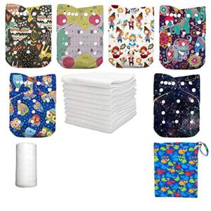 DoDo Bear Cloth Diapers One Size Adjustable Washable Reusable for Baby Girls Boys 6 Pack + 6 Insert and Wet Diaper Bags(Color11)