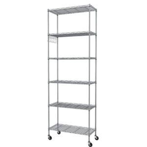 Homdox 6-Tier Storage Shelf Wire Shelving Unit Free Standing Rack Organization with Caster Wheels, Stainless Side Hooks, Silver Gray
