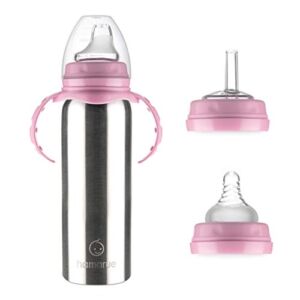 Hamarue 3-in-1 Stainless Steel Sippy Cups for Toddlers | Non-Toxic Insulated Stainless Steel Baby Bottle | Straw Cup With Removeable Handles | Plastic Free Liquid Transfer (Pink)