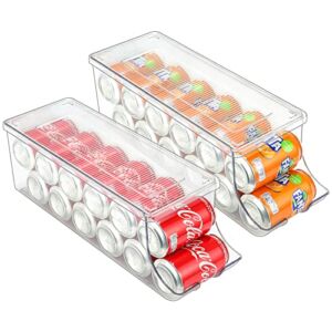 Puricon 2 Pack Soda Can Organizer Dispenser for Refrigerator, Clear Plastic Canned Food Pop Cans Beverage Container Holder Storage Bins with Lid for Freezer Rack Pantry Cabinet Cupboard Kitchen