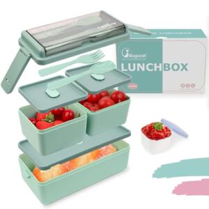 Bugucat Lunch Box 45 OZ, Double Stackable Bento Box Container Meal Prep Containe With Cutlery, 2 Tier and 3 Compartment Design Food Containers for Lunch Snacks,Lunch Box for Adults and kids Green