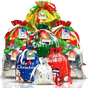 38PC Christmas Gift Bags with Colorful Drawstring |10 Seconds Wrapping Gift| Holiday Gift Bags Assorted Sizes Small Medium Large Jumbo, Xmas Gift Treat Bags with Tags for Party Favors Present Wrapping