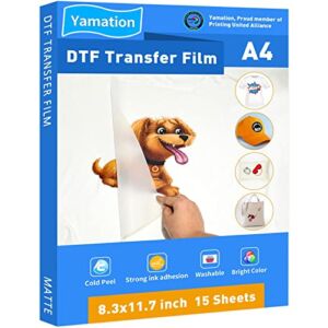 Yamation DTF Transfer Film: A4 (8.3″ x 11.7″) 15 Sheets Premium Double-Sided Matte Finish PET Transfer Paper Direct to Film for T Shirts