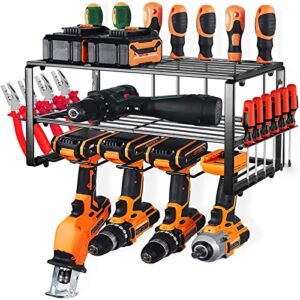 Power Tool Organizer Garage Heavy Duty Metal Tool Shelf Utility Storage Rack Drill Holder Wall Mount for Cordless Drill Charging Station Screwdriver 3 Layers Workshop ToolRoom