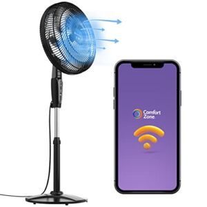 Comfort Zone 18″ Smart WiFi 3-Speed Oscillating Stand Fan, Wall-Mountable, Compatible with Alexa, Voice Control, Full-Function Timer, and Tri-Curve Technology to Reduce Turbulence and Noise, Black