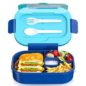 Bento Box for Kids, 1300ML 4 Compartment Bento Box Adult Lunch Box with Cutlery, Lunch Box Containers for Kids/Adults/Toddler, Leak Proof, Microwave/Dishwasher/Refrigerator Safe, BPA Free (Wheat Blue)