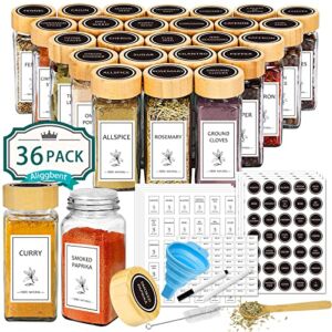 Aliggbent Spice Jars with Lable, 36 Pcs 4 oz Glass Spice Jars with Bamboo Lids, Spice Containers Bottles, Glass Seasoning Jars with Shaker Lids, Collapsible Funnel, for Spice Racks, Pantry, Cupboard