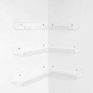 WHDZ Clear Acrylic Floating Corner Shelves Wall Mounted 5MM Thick Bookshelf Invisible Collection Display Storage Floating Wall Ledge Shelf for Room, Kitchen, Office (3 Pack)