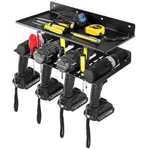 Goplus Electric Drill Holder, Wall Mounted Power Tool Organizer, Cordless Drill Storage Rack with Tool Shelf for Garage Organization, Workshop, Shed, Hold 4 Drills