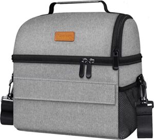 Lunch Bag for Women Men, Dual Compartment Lunch Box, Reusable Insulated Lunch Bags Large Lunch Box Cooler Tote Bags with Adjustable Shoulder Strap for Office Work School Picnic Hiking Fishing, Grey