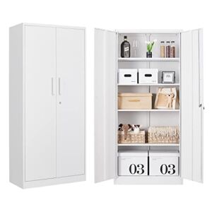 Anxxsu Metal Garage Storage Cabinet, 71″ Locking Storage Cabinet with 2 Doors and 4 Adjustable Shelves, Lockable Metal Cabinet for Office,Home,Garage,Gym,School (White)