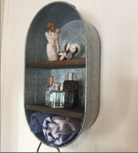 Galvanized wash tub with shelves, wall hanging, farmhouse shelf, rustic bathroom shelf, mudroom, laundry, washtub cupboard (vertical – 2 shelves, white wash over grey)