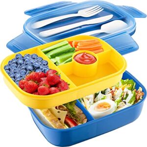 Stackable Bento Lunch Box Kids- Leakproof Bento Box Adult Lunch Box, 64-oz Lunch Box with Utensil Set and Dressing Container, 5 Compartments Lunch Containers for Adults Kids -Blue Yellow