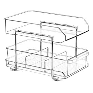 Simetufy 2 Tier Clear Organizer with Dividers, Multi-Purpose Slide-Out Bathroom Vanity Countertop Closet Organization, Under Sink Organizers and Storage, Kitchen Pantry Medicine Cabinet Bins, 1 Pack