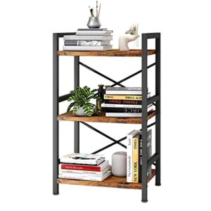 Homeiju Bookshelf, 3 Tier Industrial Bookcase, Metal Small Bookcase, Rustic Etagere Book Shelf Storage Organizer for Living Room, Bedroom, and Home Office(Rustic Brown)