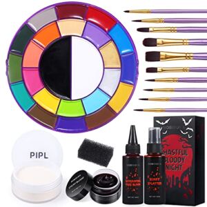BOBISUKA Halloween Makeup Kit, 24 Colors Face Body Paint Oil Palette + 3 SFX Fake Blood Washable + 1 Translucent Setting Powder + 10Pcs Artist Painting Brushes, Halloween Set for Stage,Cosplay & Party