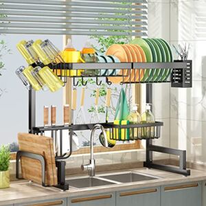 Dish Drying Rack, SNTD Over The Sink Dish Drying Rack Adjustable (from 26.9″ to 34.7″), 2 Tier Dish Rack with Utensil Holder Sink Caddy Stainless Steel Dish Drainer for Kitchen Counter, Black