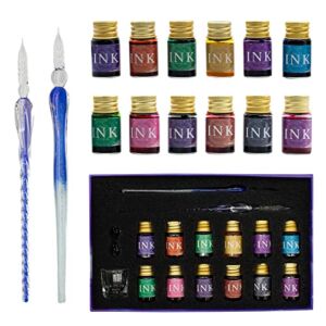 PDCTACST Glass Dip Pen Ink Set, 16pcs Fountain Calligraphy Pens Set, 2 Crystal Signature Glass Pen, 12 Gold Powder Drawing Ink Drip Tool for Art Writing Signatures Beginners Valentines Day Gift