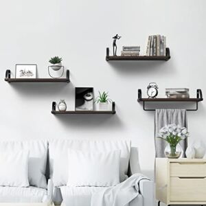 HOORMEEY Floating Shelves Set of 4, Rustic Wood Wall Shelves for Bedroom, Wall Mounted Bathroom Shelves with Towel Bar, Hanging Shelf for Living Room Kitchen Storage, Wall Decor